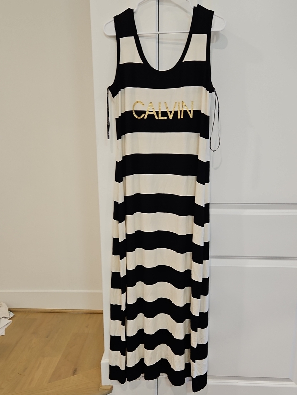 Calvin Klein Black and White Striped Maxi Dress with Gold Logo Accent